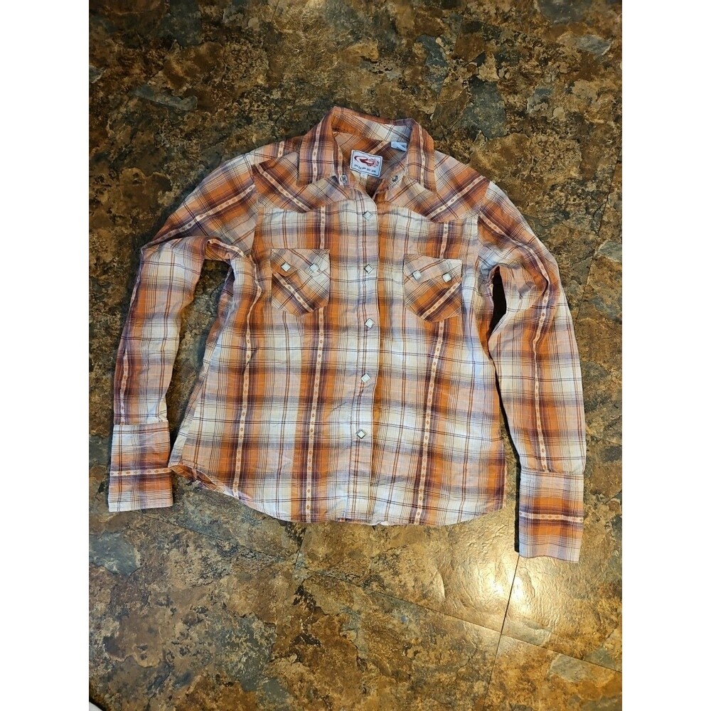 Roper Western Plaid Pearl Snap Button Down Shirt‎ Orange/tan Mens Medium (B23)